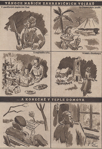 Satirická kresba zachycuje poválecný život vojáku, kterí se snažili zapojit do bežného života. 
