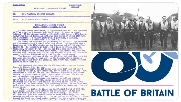 Picture of the combat report featured in the tweet, members of 303 squadron walking away from their aircraft and the Battle of Britain 80th anniversary logo.