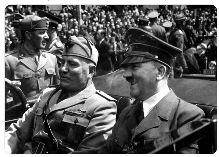 Picture of Adolf Hitler and Benito Mussolini siiting down in an open top car