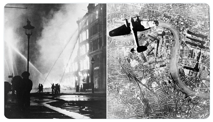 Image of London Docklands ablaze and Luftwaffe aircraft flying over the Thames from above