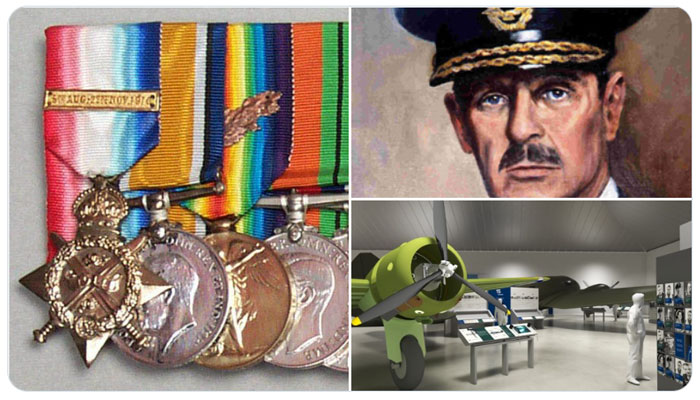 Images showing Dowding's medals, a portrait of Dowding and an artist's impression of London's new Battle of Britain display