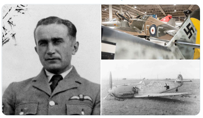 An image of Sergeant Josef Frantisek, London's Battle of Britain Fighter 4 and a crashed Messerschmitt 109.