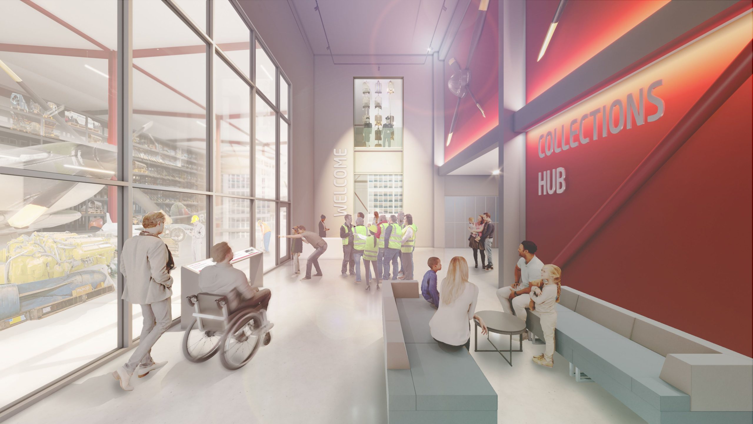 A group of people wearing safety vests stands inside a modern museum exhibit area labelled "Collections Hub." Visitors, including a person in a wheelchair, observe and interact in the space.