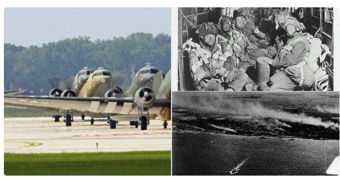 Montage of images showing troops being transported by aircraft to the Normandy Beaches and the beaches themselves from the air