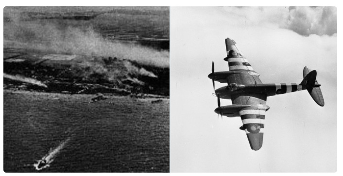Two images of the Normandy Beaches from the air and RAF aircraft in flight over them.