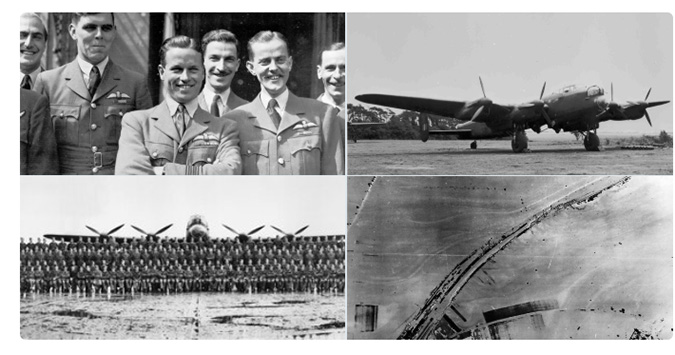 A collage of images showing the Dambusters crew, 617 Squadron,  and Gibson's Lancaster