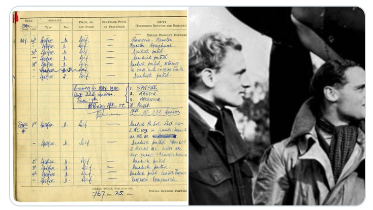 Montage showing Douglas Bader's log-book and the great man himself