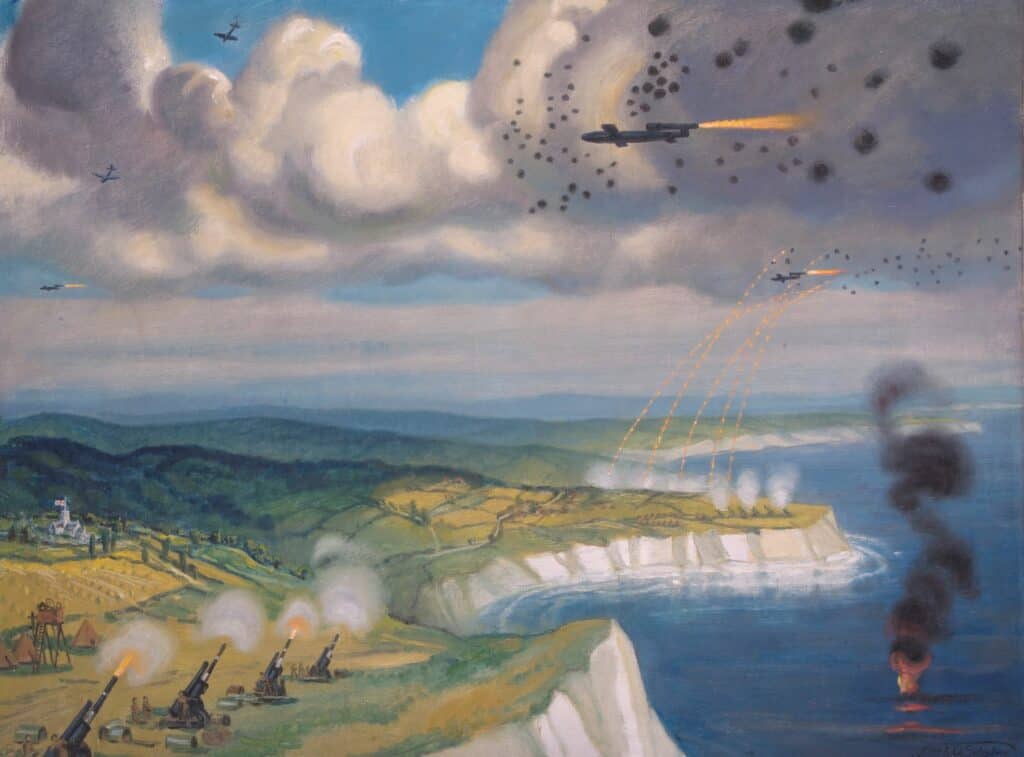 AA guns firing on V1 flying bombers coming across the English Channel.