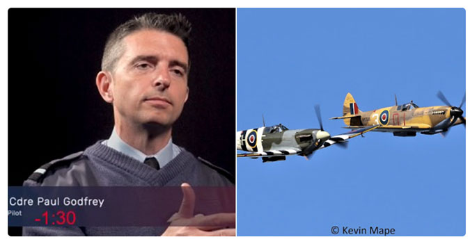 Montage of images, showing Paul Godfrey and the Battle of Britain Memorial Flight's Spitfire and Hurricane