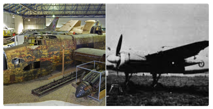 Montage showing our London's Halifax bomber in its recovered position and a historic photograph of it when in service.