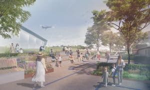 Hangar 1 Public Realm Artwork - Children and family out side Hangar 1 playing and relaxing