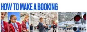 Three images showing learning on site at RAF Museum Midlands. Photos show students using iPads, a student holding a paper plane, and a still of an aircraft in a hangar.
