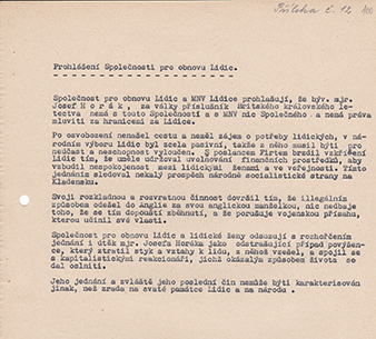 Prohlášení Spolecnosti pro obnovu Lidic po emigraci Josefa Horáka z komunistického Ceskoslovenska. Státní oblastí archiv Kladno, fond Spolecnost pro obnovu Lidic a Ležáku (NAD 810), in. c. 11, karton c. 3, Zápis ze schuze správního výboru z 25. 5. 1948. 