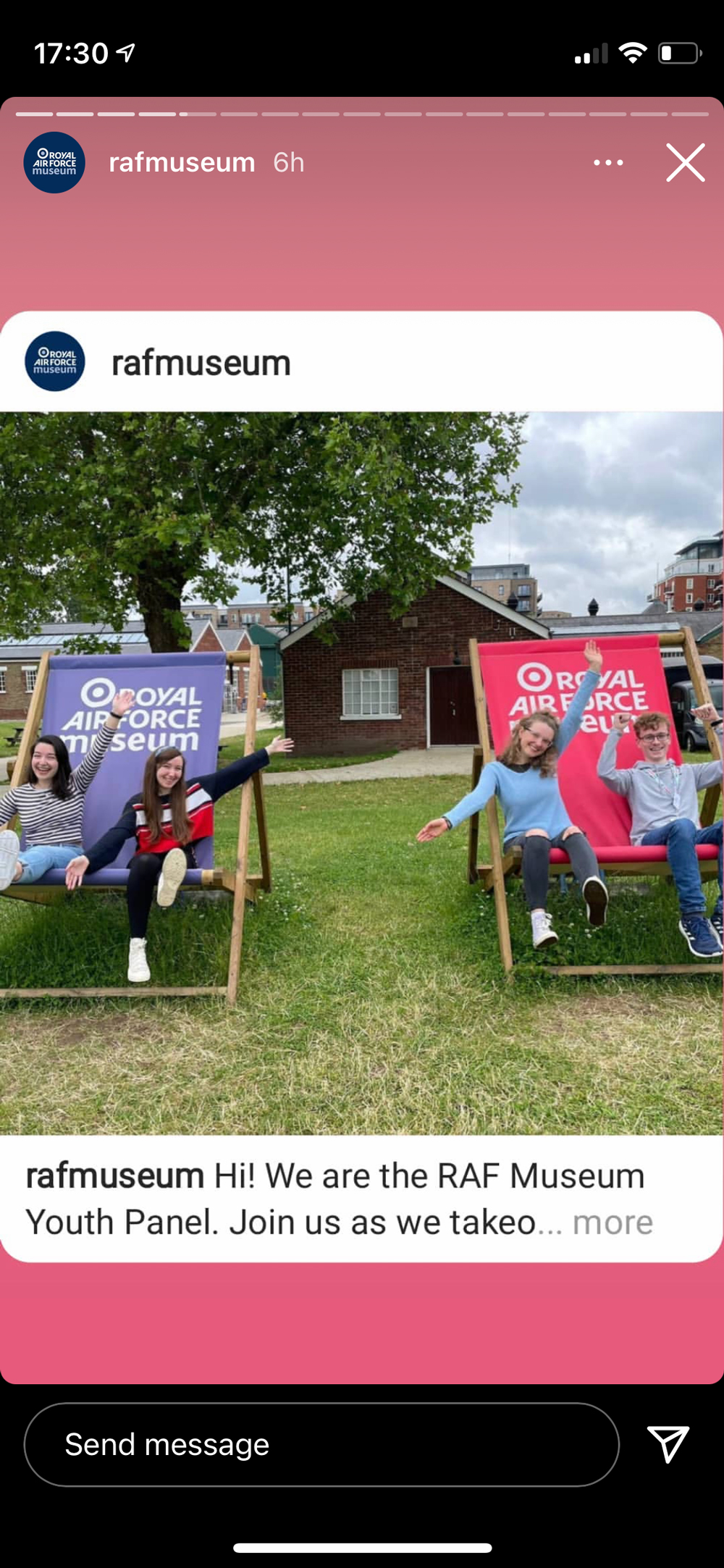 Members of our Youth Panel sat on oversized RAF Museum branded deckchairs going 'Ta da!'