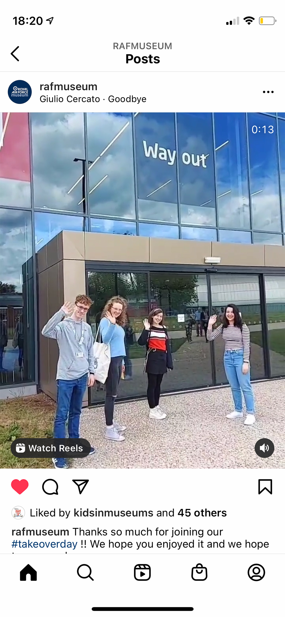 Members of our Youth Panel waving good bye outside the exit into Hangar 1 at the end of a Kids in Museums day. 