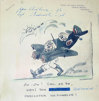 Ilustrace z kroniky ceskoslovenské letky 68. perute. „Jo, jo. Tak je to, když ten …. indikátor nefunguje“ popisuje príhodu osádky P/O Františka Chábery a Sgt Karla Bednaríka. Archiv Martina Vrány Ilustrace z kroniky ceskoslovenské letky 68. perute. „Jo, jo. Tak je to, když ten …. indikátor nefunguje“ popisuje príhodu osádky P/O Františka Chábery a Sgt Karla Bednaríka. Archiv Martina Vrány