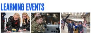 Three images showing learning events at RAF Museum Midlands. Pictures show children engaged in coding activities, cadets, and children wearing Second World War clothing.