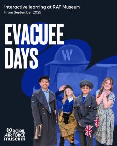 Graphic to promote RAF Museum Midlands' Evacuee Days. There is an image of four children smiling and wearing Second World War uniform/civilian clothes. The Royal Air Force Museum logo is in the bottom righthand corner.