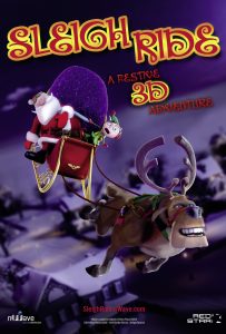 Poster for “Sleigh Ride: A Festive 3D Adventure,” featuring a cheerful animated Santa Claus and a panicked elf riding a red sleigh pulled by a grinning reindeer flying over snowy rooftops at night.