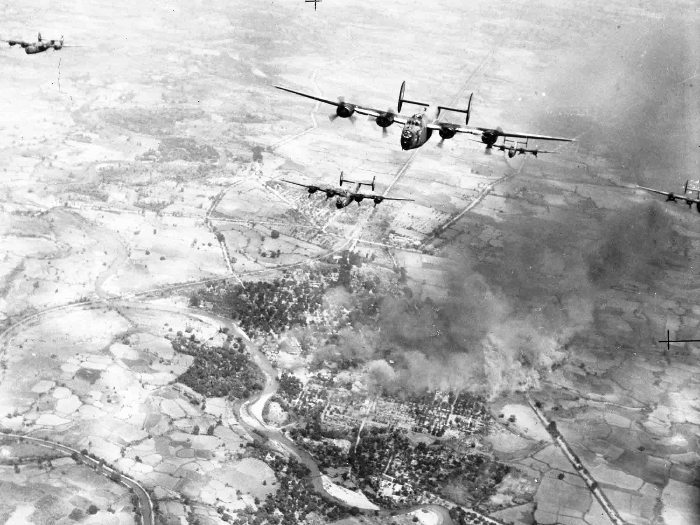 Consolidated Liberators B.VI of 355 Squadron, above front view of formation on operations over Burma, 1945 (RAFM P014738) Consolidated Liberators B.VI of 355 Squadron, above front view of formation on operations over Burma, 1945 (RAFM P014738)