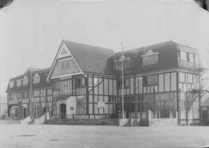 A black and white image of a mock Tudor building that was the old station headquarters and aerodrome hotel
