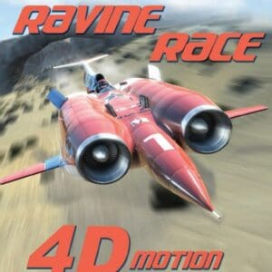 Poster for "Ravine Race 4D Motion," showing a futuristic red jet racing through a rocky canyon at high speed.