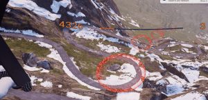 First-person view of a virtual reality paragliding game, showing a snowy mountain road below with numbered checkpoints and a flight altitude of 4326 feet displayed.