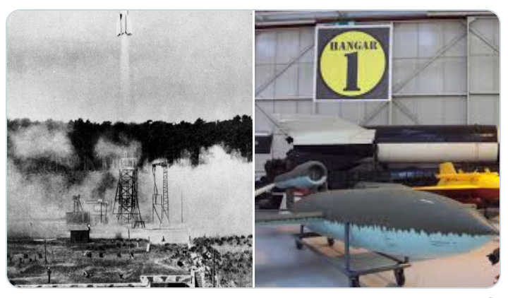 Picture showing V2 Rocket in Flight and in Hangar 1 at Cosford 