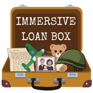 Logo for the immersive loan box. Photo shows a graphic of an old, brown suitcase with various items in, including a letter, a model aircraft, a photo, a teddy bear and a military helmet.