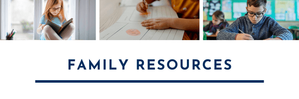 Family resources title banner including photos of children taking part in activities such as reading, drawing and writing. 