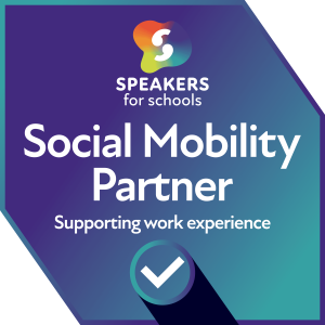 A purple and blue image with the Speakers for Schools logo and the words "Social Mobility Partner - Supporting Work Experience". 