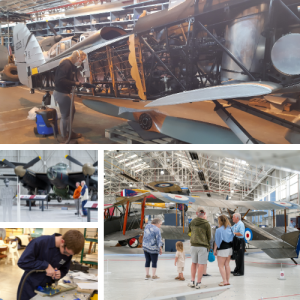 The image is a collage of four museum scenes, each featuring vintage aircraft and people interacting with the exhibits. Top Image: A person is working on the exposed engine and frame of a vintage aircraft, highlighting the internal mechanics of the plane. The setting is a well-lit hangar with visible overhead structures. Bottom Left: A close-up of a young man working on a detailed mechanical project, possibly assembling or repairing a component related to aviation. Bottom Center: A group of visitors, including a family with children, gathers around an early biplane inside a large hangar. The plane has distinctive roundels on its wings, and the guide appears to be explaining the history of the aircraft. Bottom Right: Another view of a military bomber on display inside the museum, similar to the one seen in the previous image. Visitors are observing the plane with informational placards nearby.